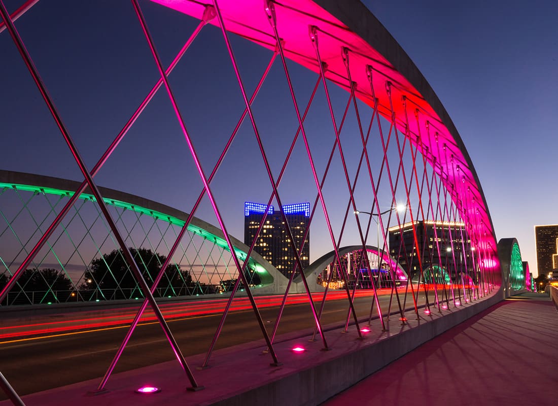 Fort Worth, TX - Aerial View of West 7th Bridge Fort Worth With Colored Lights